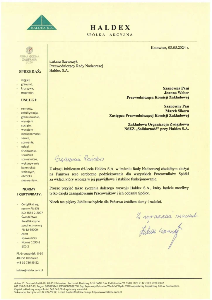 podziękowanie 65lecie haldex